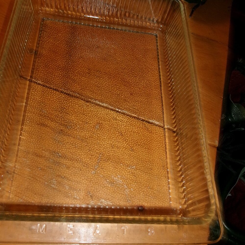 1930's Hotspot glass ribbed 13x9 embossed meat on end refrigerator meat tray